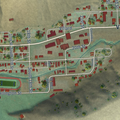 Second close-up of the map of Pomeroy, Washington print showing more streets and buildings