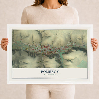 Map of Pomeroy, Washington, 12 x 18 inch print in a white wood frame