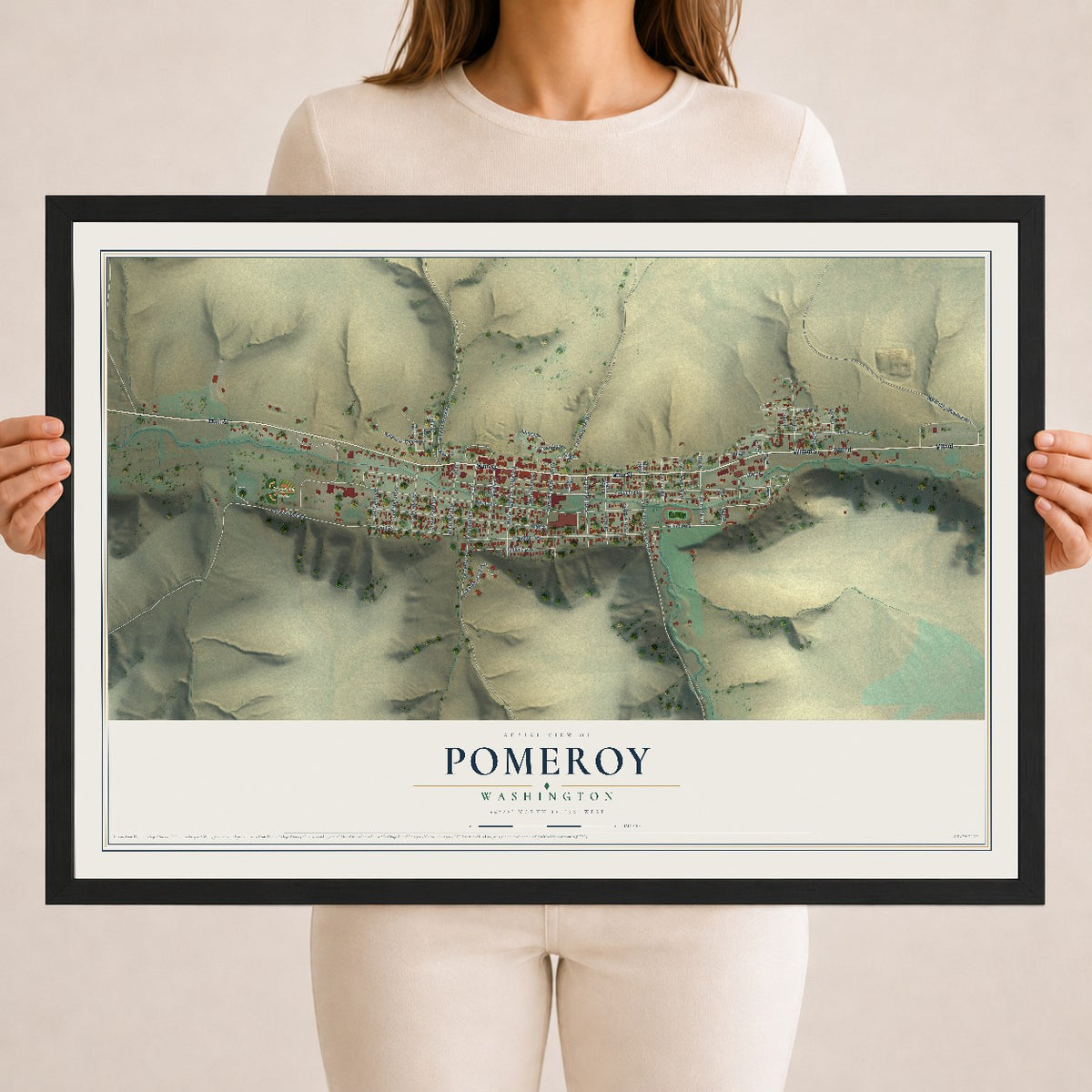 Map of Pomeroy, Washington, 18 x 24 inch print in a black wood frame