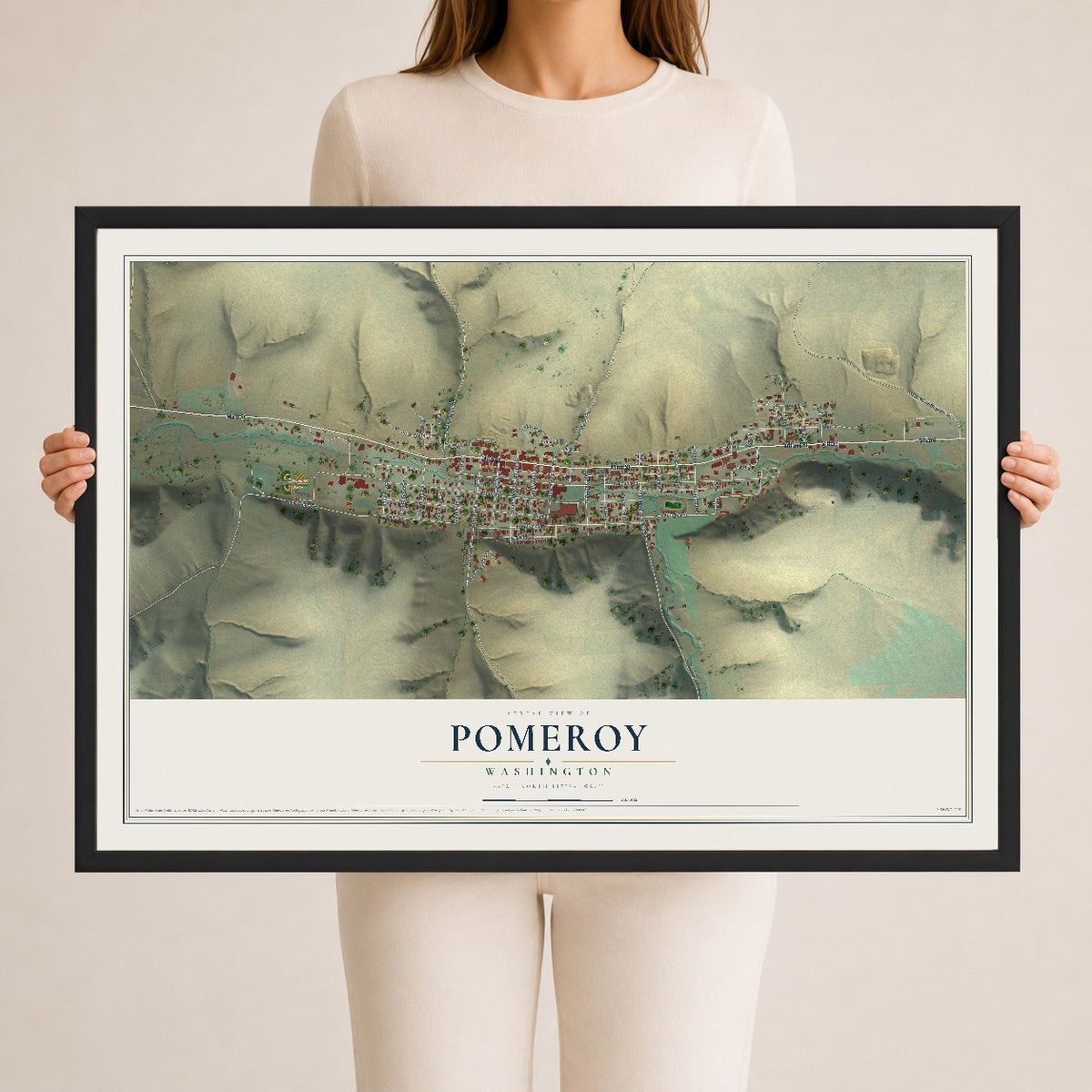 Map of Pomeroy, Washington, 24 x 36 inch print in a black wood frame