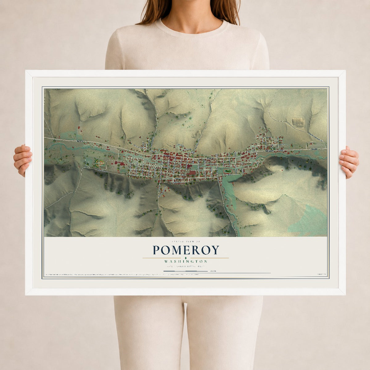 Map of Pomeroy, Washington, 24 x 36 inch print in a white wood frame