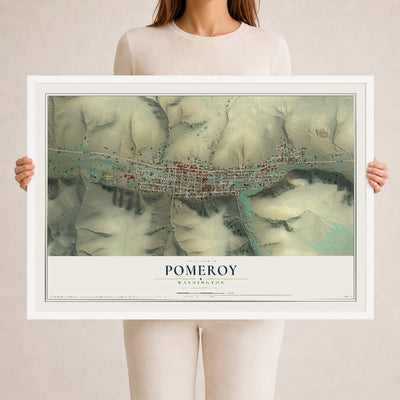 Map of Pomeroy, Washington, 24 x 36 inch print in a white wood frame