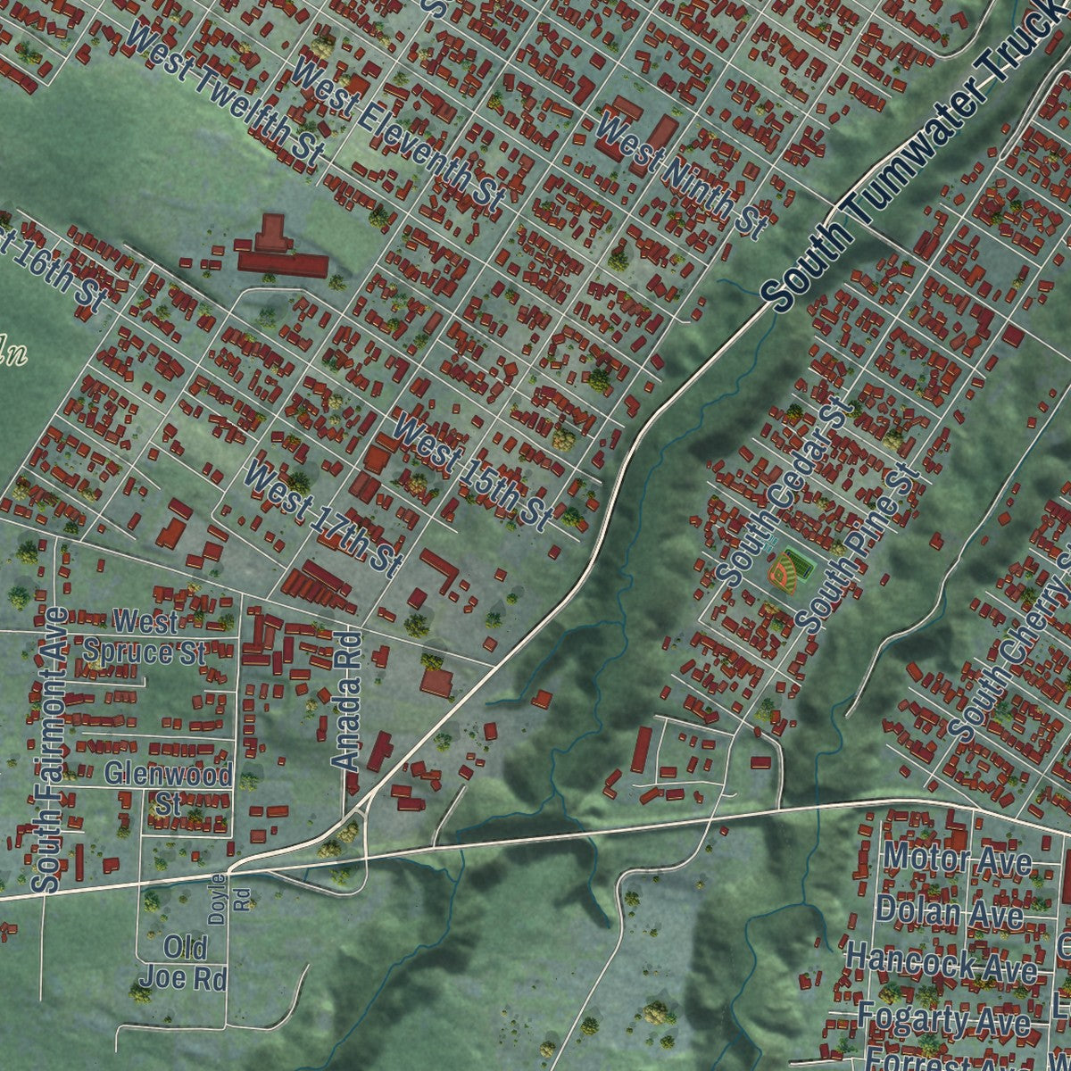 Second close-up of the map of Port Angeles, Washington print showing more streets and buildings