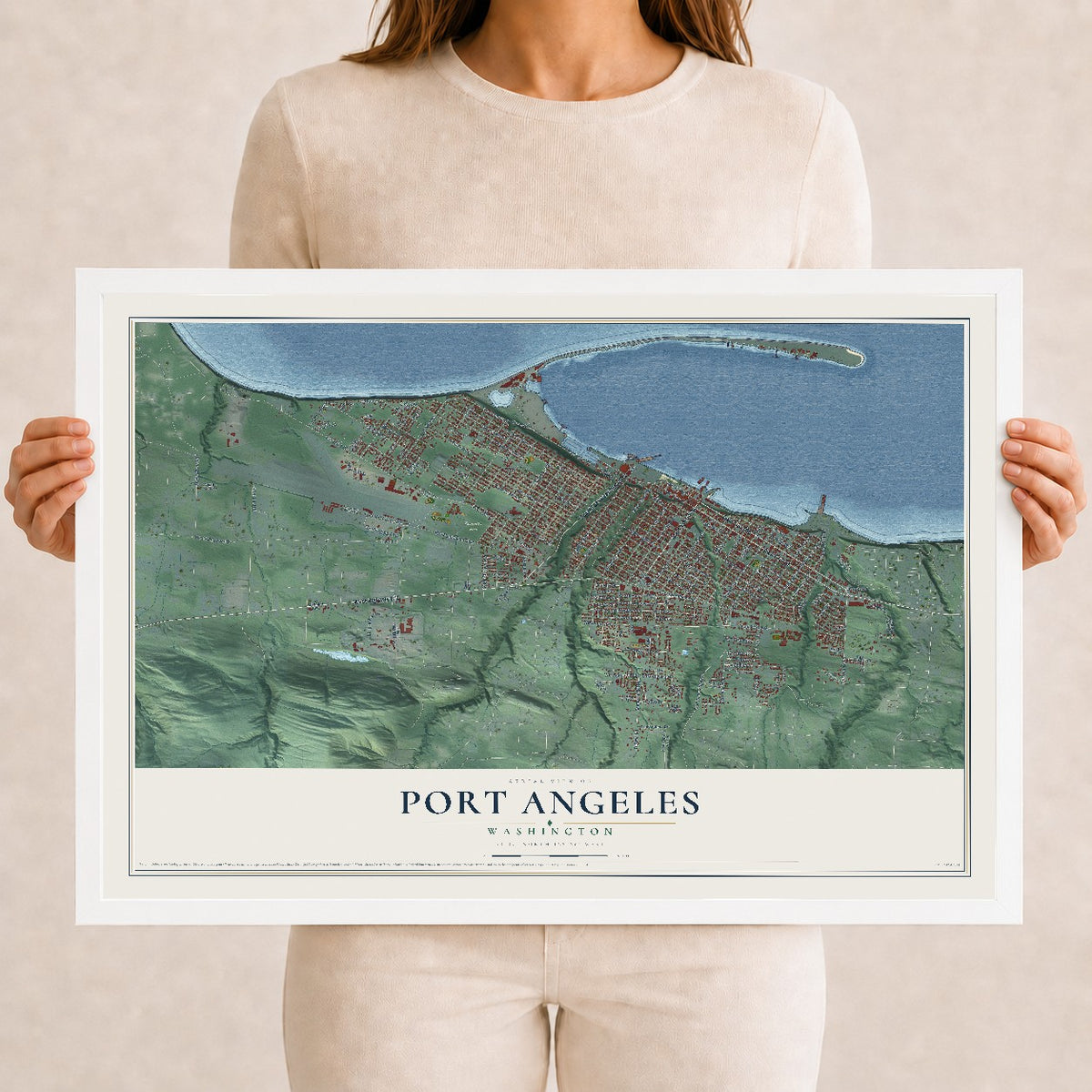 Map of Port Angeles, Washington, 12 x 18 inch print in a white wood frame