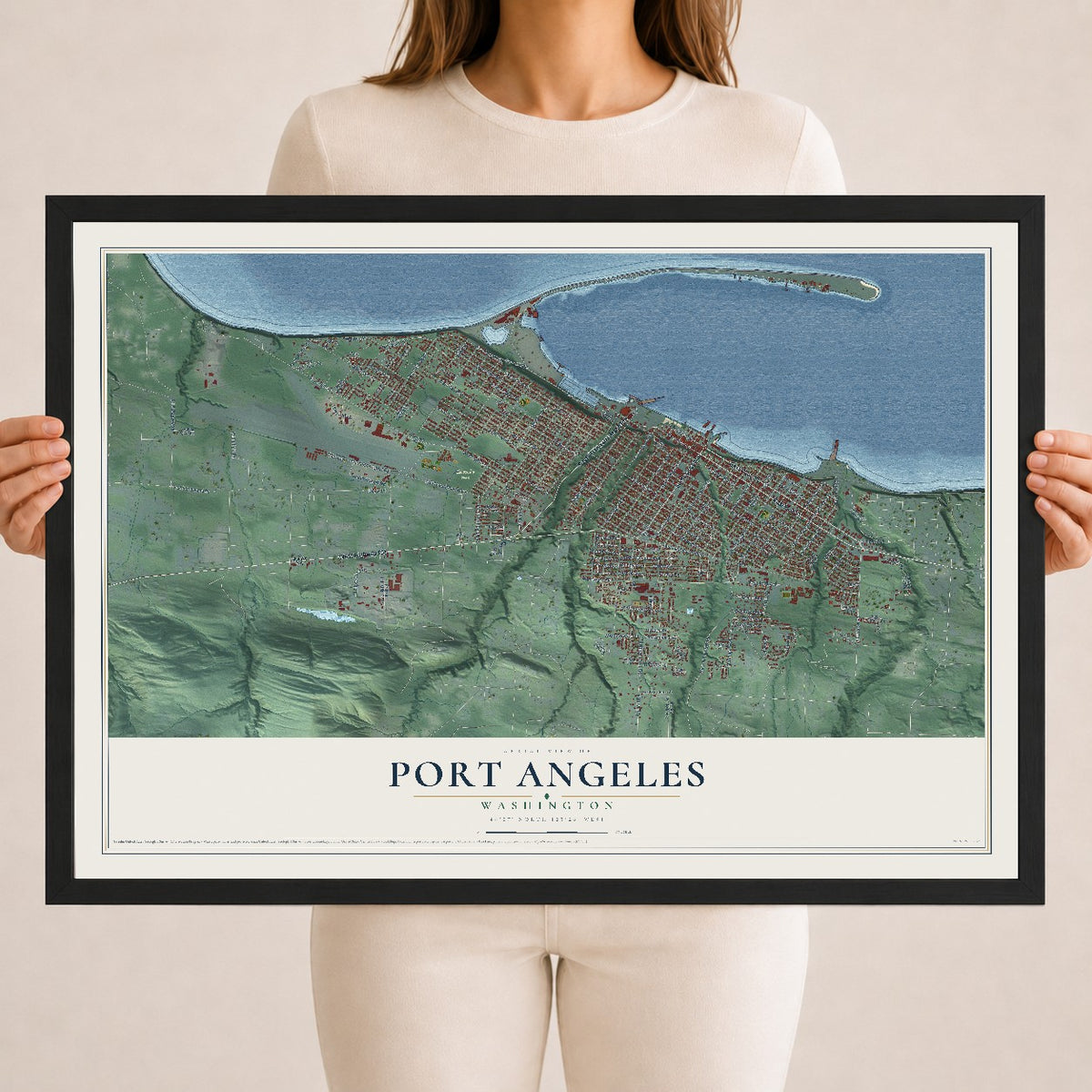 Map of Port Angeles, Washington, 18 x 24 inch print in a black wood frame