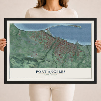 Map of Port Angeles, Washington, 18 x 24 inch print in a black wood frame