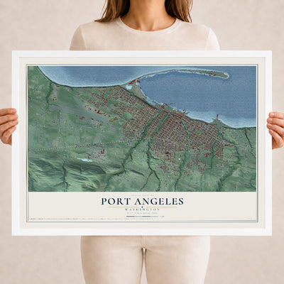 Map of Port Angeles, Washington, 18 x 24 inch print in a white wood frame