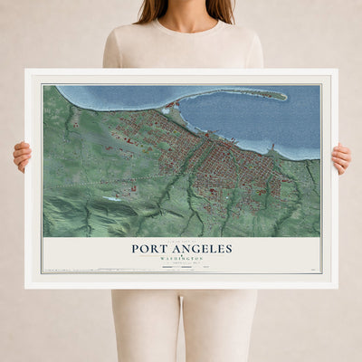 Map of Port Angeles, Washington, 24 x 36 inch print in a white wood frame