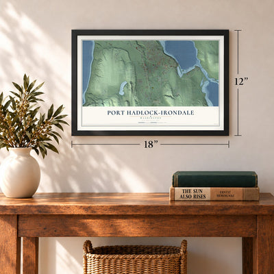Port Hadlock-Irondale, Washington map, 12 x 18 inch print in a black frame in an entryway