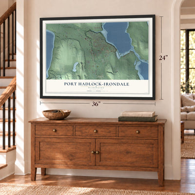 Port Hadlock-Irondale, Washington map, 24 x 36 inch print in a black frame above a dresser by a staircase