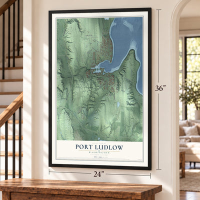 Port Ludlow, Washington map, 24 x 36 inch print in a black frame by a staircase
