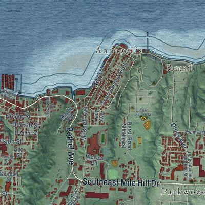 Close-up of the map of Port Orchard, Washington print showing street and building detail