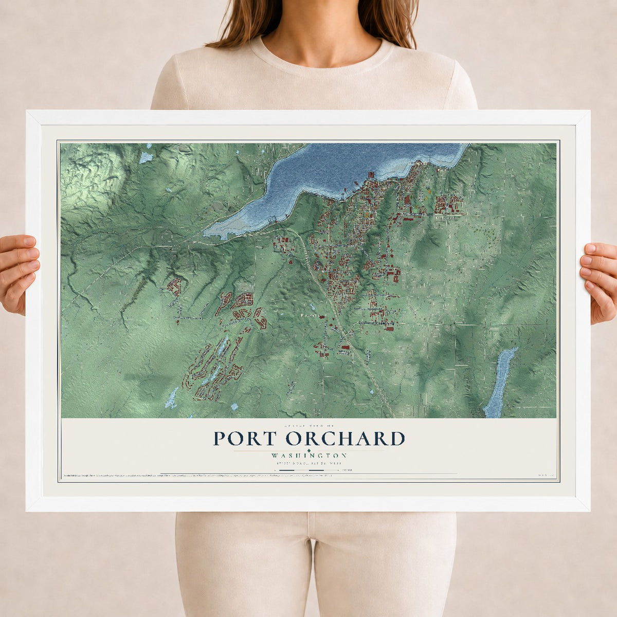Map of Port Orchard, Washington, 18 x 24 inch print in a white wood frame