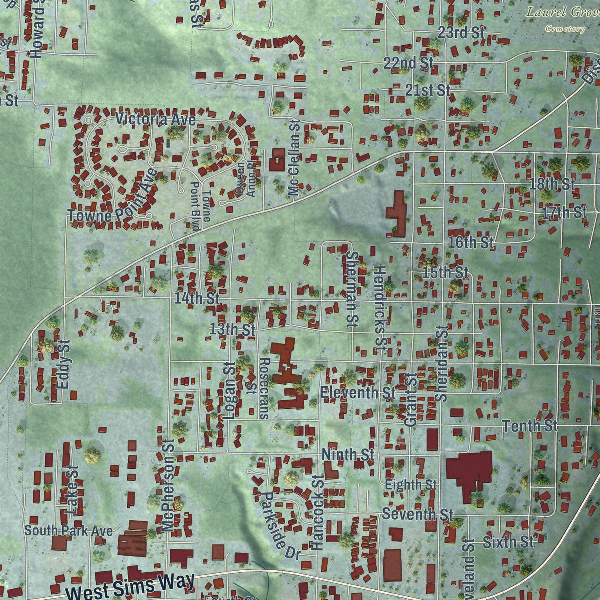 Close-up of the map of Port Townsend, Washington print showing street and building detail