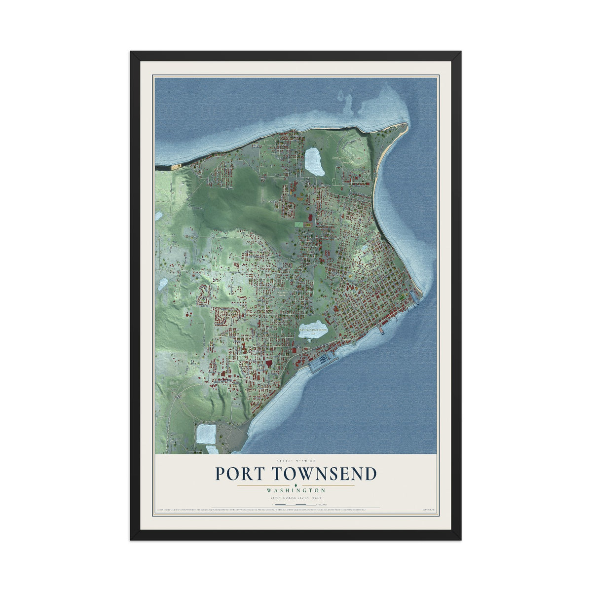 Map of Port Townsend, Washington, 12 x 18 inch print in a black wood frame