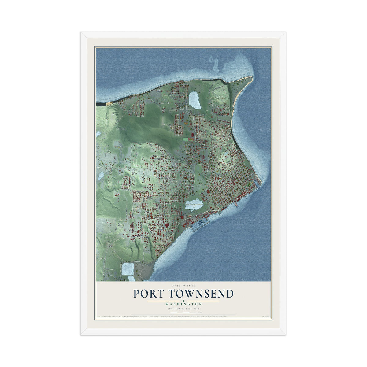 Map of Port Townsend, Washington, 12 x 18 inch print in a white wood frame