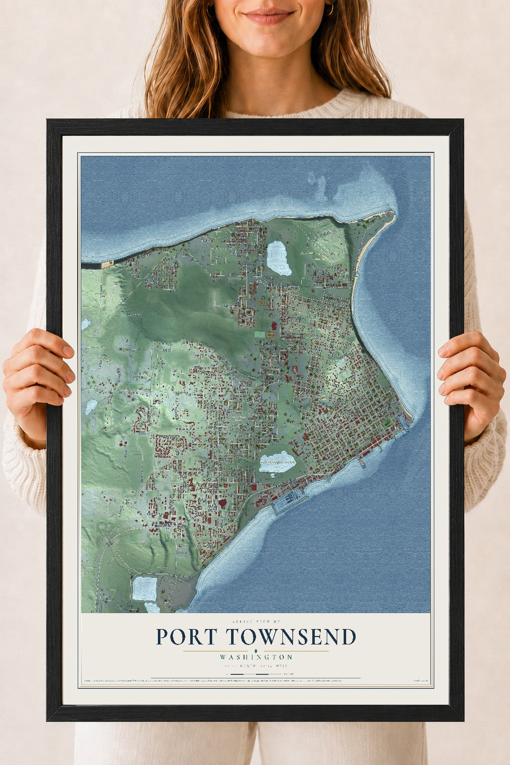 Map of Port Townsend, Washington, 18 x 24 inch print in a black wood frame