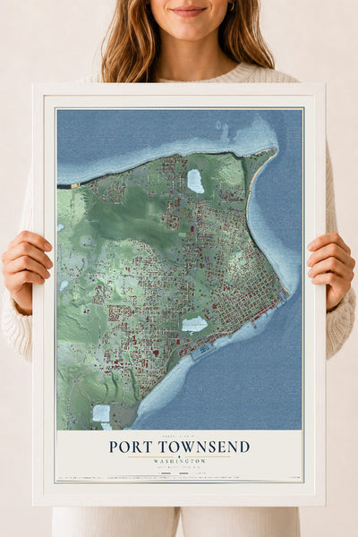 Map of Port Townsend, Washington, 18 x 24 inch print in a white wood frame