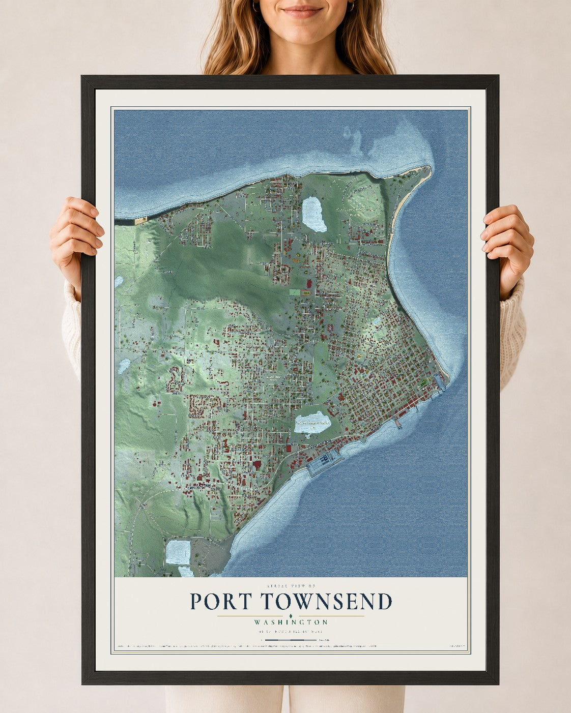 Map of Port Townsend, Washington, 24 x 36 inch print in a black wood frame