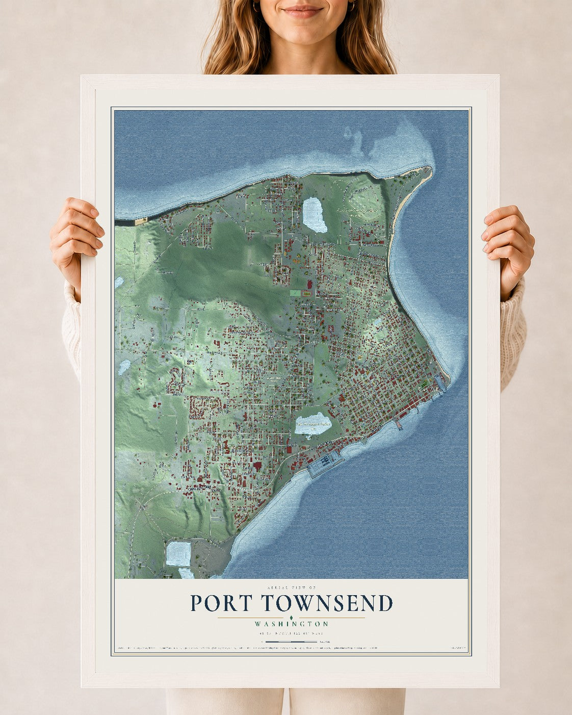 Map of Port Townsend, Washington, 24 x 36 inch print in a white wood frame