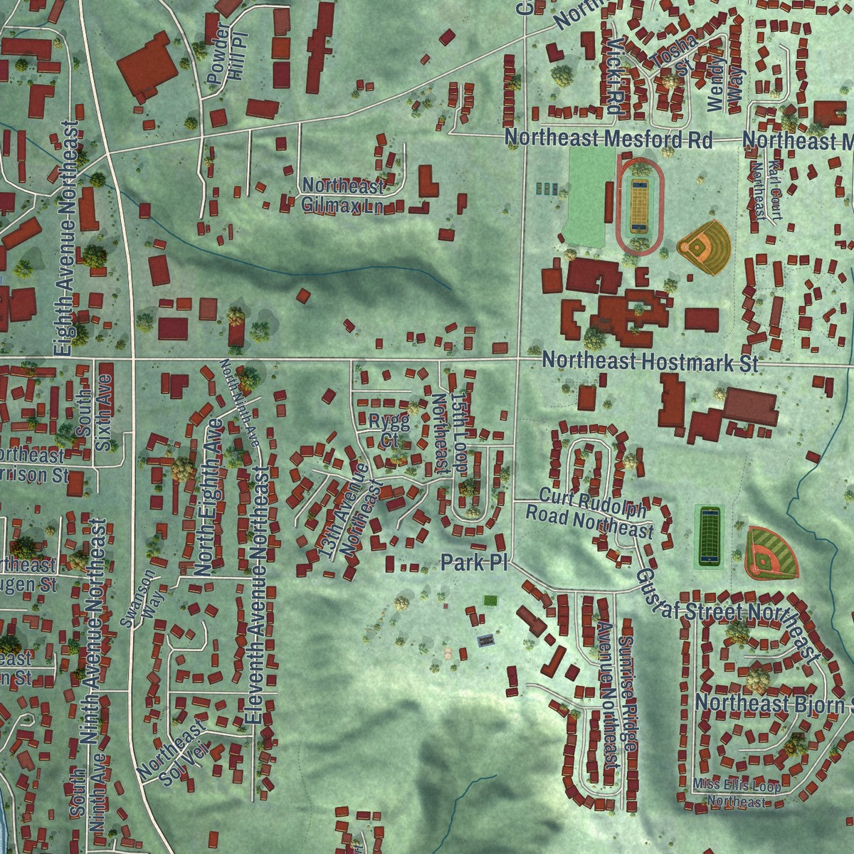 Close-up of the map of Poulsbo, Washington print showing street and building detail