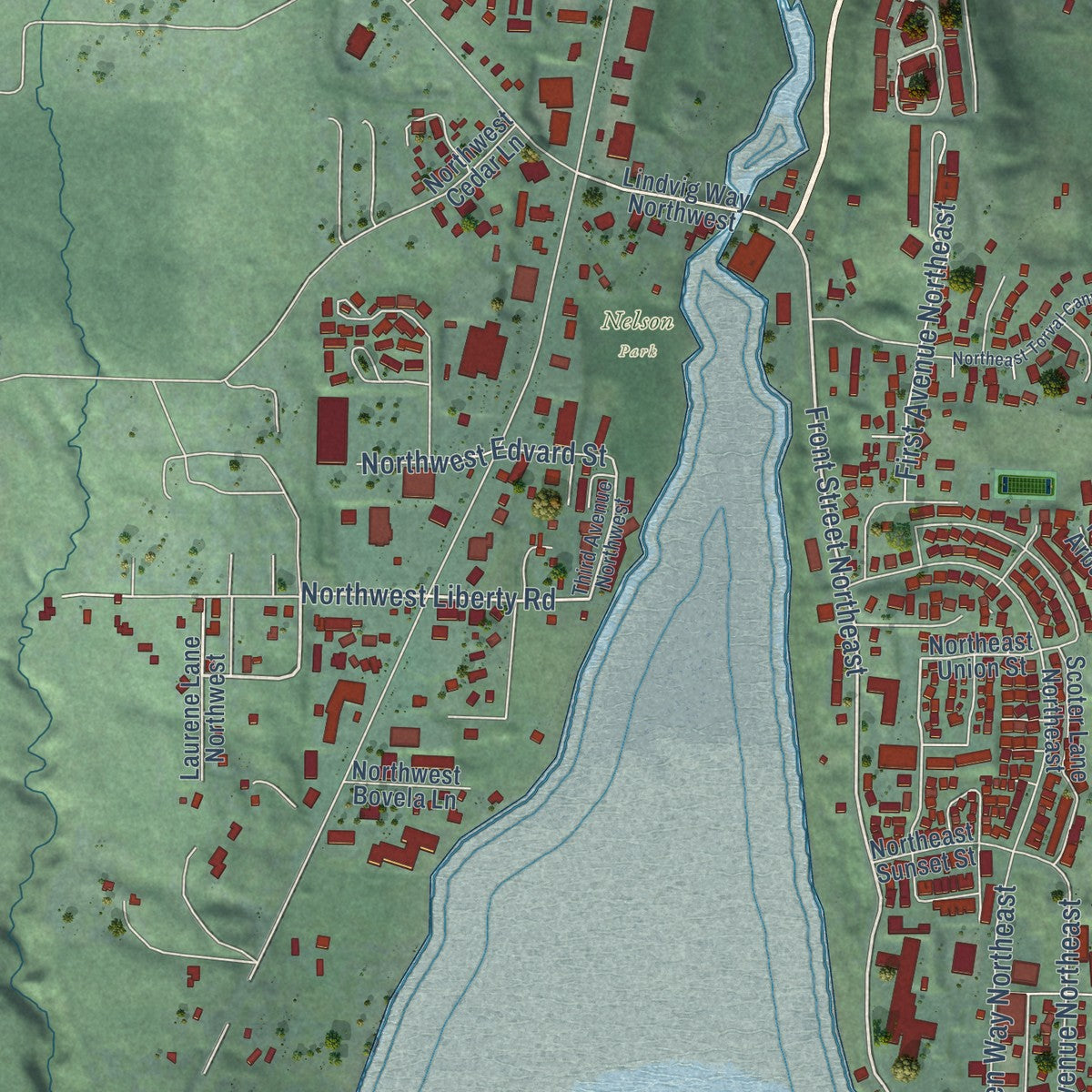 Second close-up of the map of Poulsbo, Washington print showing more streets and buildings