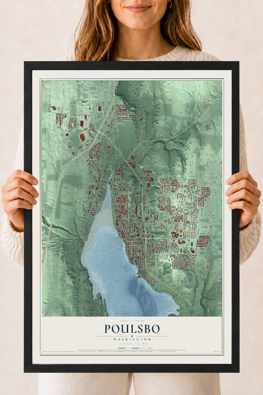 Map of Poulsbo, Washington, 18 x 24 inch print in a black wood frame