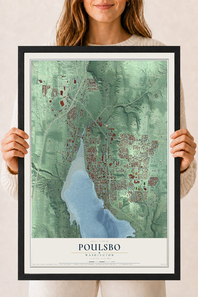 Map of Poulsbo, Washington, 18 x 24 inch print in a black wood frame
