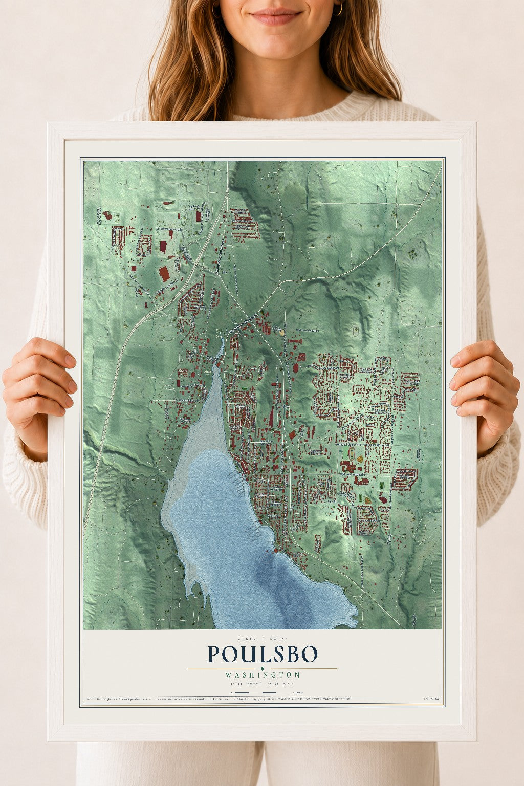 Map of Poulsbo, Washington, 18 x 24 inch print in a white wood frame