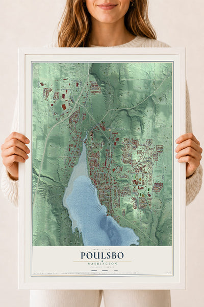 Map of Poulsbo, Washington, 18 x 24 inch print in a white wood frame