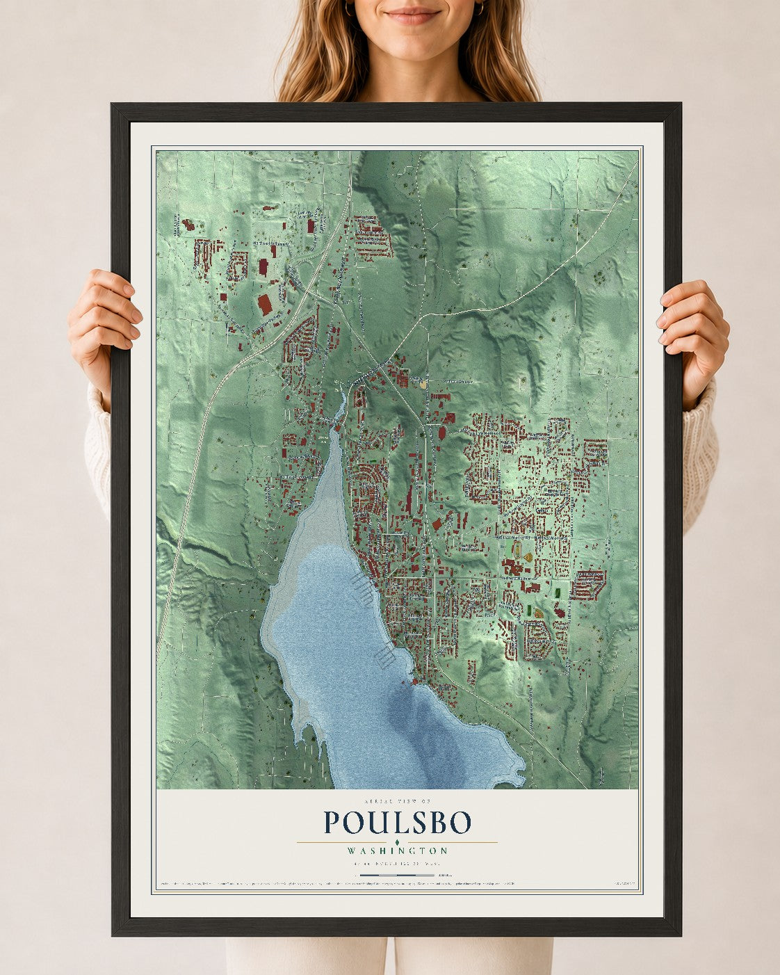 Map of Poulsbo, Washington, 24 x 36 inch print in a black wood frame