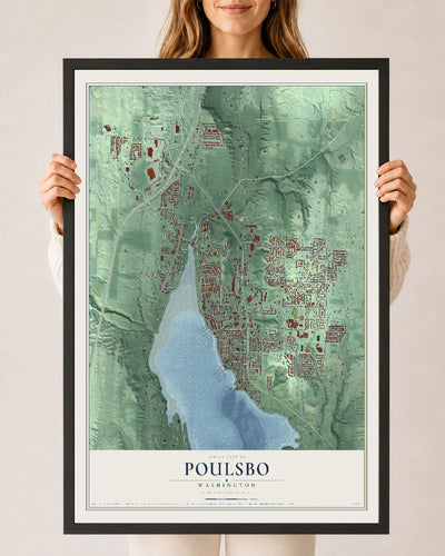 Map of Poulsbo, Washington, 24 x 36 inch print in a black wood frame