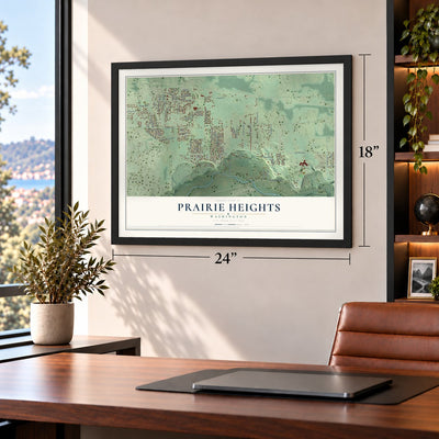 Prairie Heights, Washington map, 18 x 24 inch print in a black frame in a home office