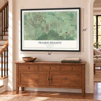 Prairie Heights, Washington map, 24 x 36 inch print in a black frame above a dresser by a staircase