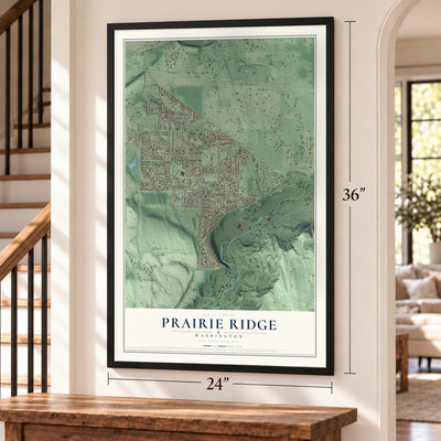 Prairie Ridge, Washington map, 24 x 36 inch print in a black frame by a staircase