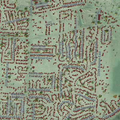 Close-up of the map of Prairie Ridge, Washington print showing street and building detail