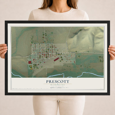 Map of Prescott, Washington, 18 x 24 inch print in a black wood frame