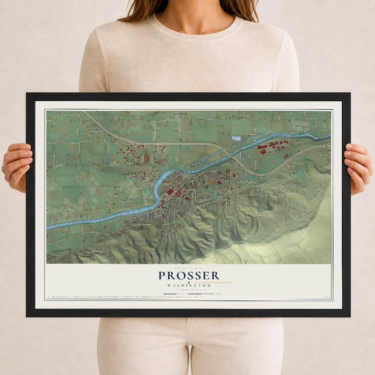 Map of Prosser, Washington, 12 x 18 inch print in a black wood frame