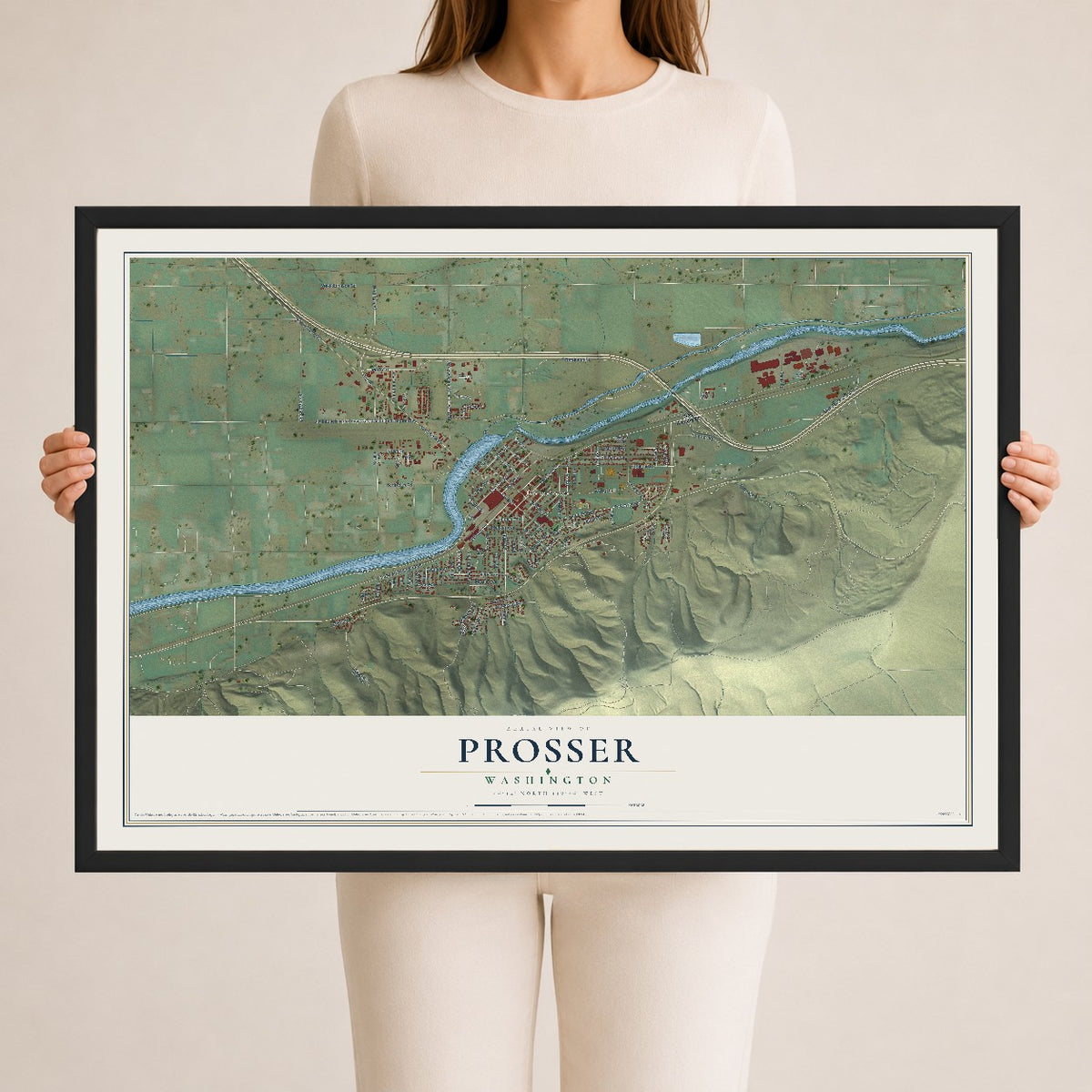 Map of Prosser, Washington, 24 x 36 inch print in a black wood frame