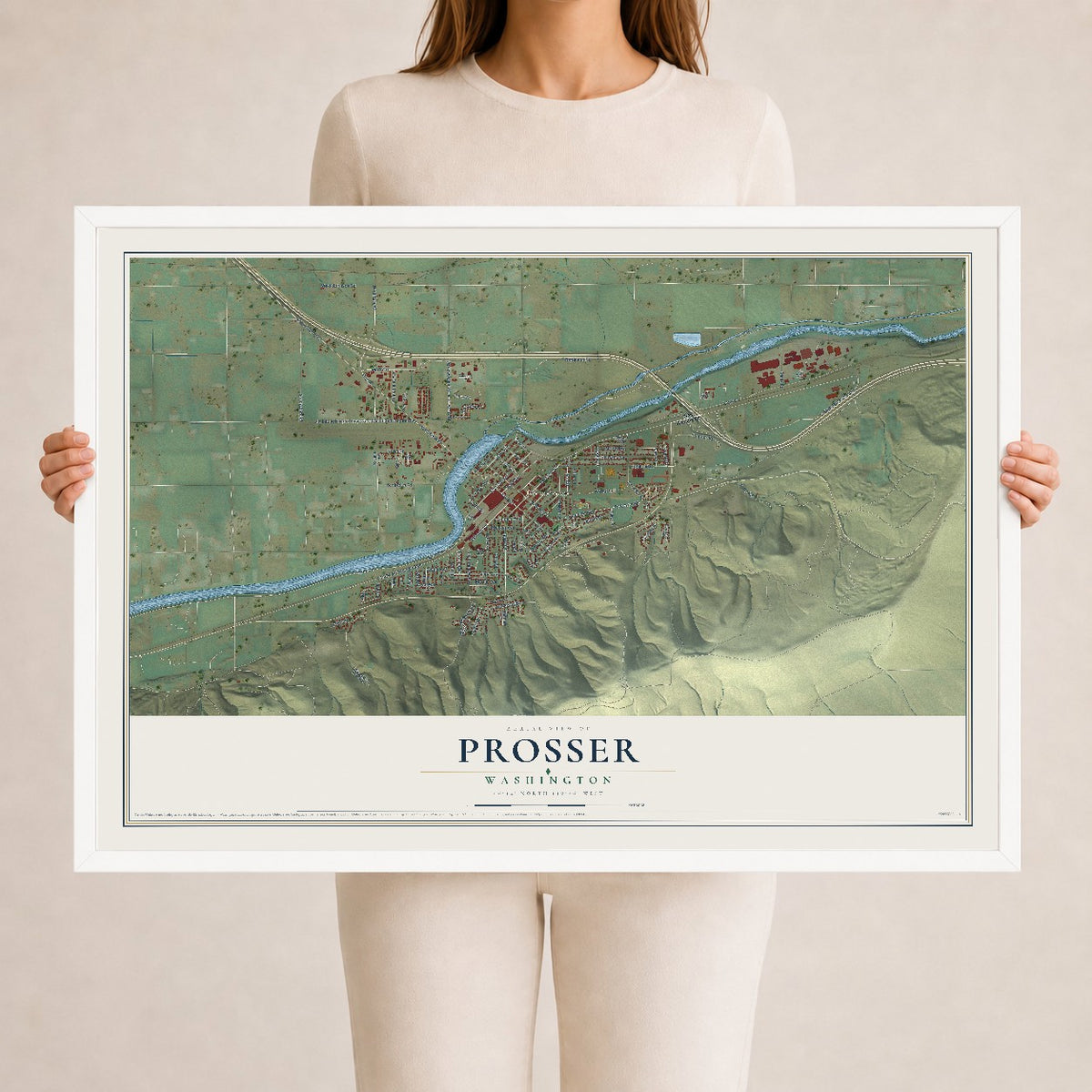 Map of Prosser, Washington, 24 x 36 inch print in a white wood frame