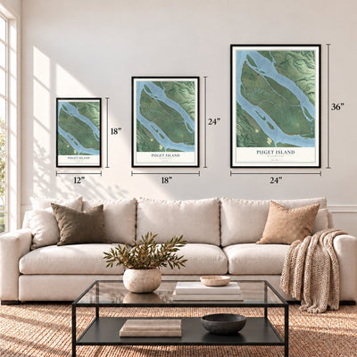 Puget Island, Washington map in 12 x 18, 18 x 24 and 24 x 36 inch sizes above a sofa