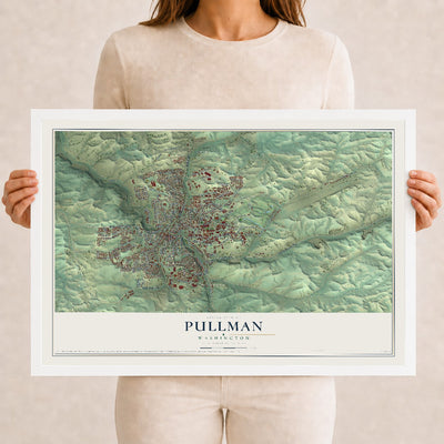 Map of Pullman, Washington, 12 x 18 inch print in a white wood frame