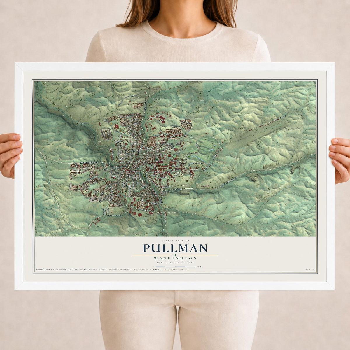 Map of Pullman, Washington, 18 x 24 inch print in a white wood frame