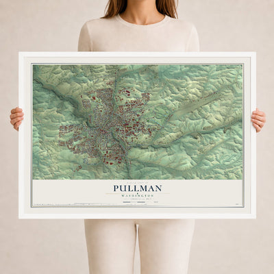 Map of Pullman, Washington, 24 x 36 inch print in a white wood frame