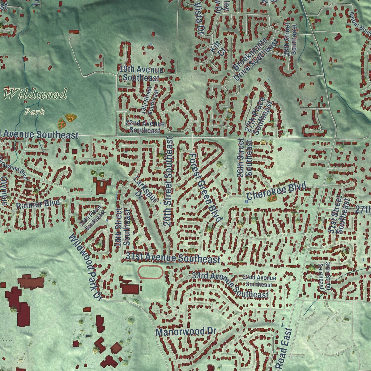 Close-up of the map of Puyallup, Washington print showing street and building detail