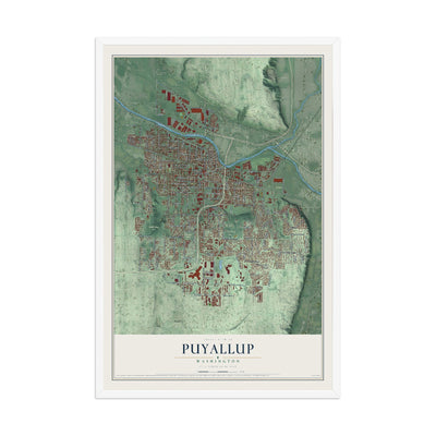 Map of Puyallup, Washington, 12 x 18 inch print in a white wood frame