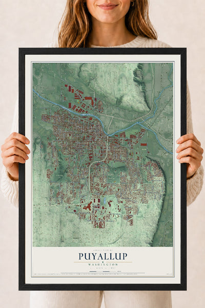 Map of Puyallup, Washington, 18 x 24 inch print in a black wood frame