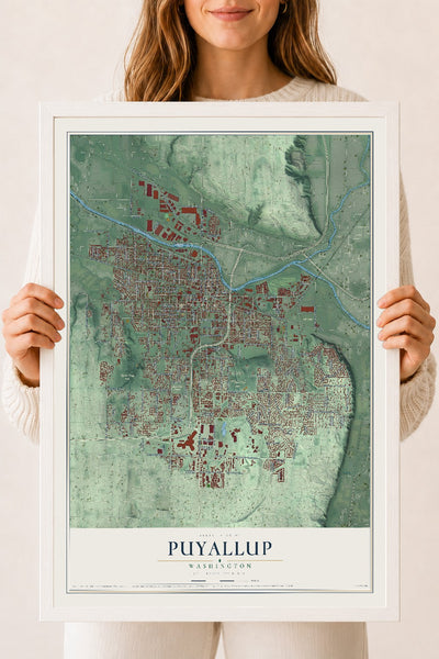 Map of Puyallup, Washington, 18 x 24 inch print in a white wood frame