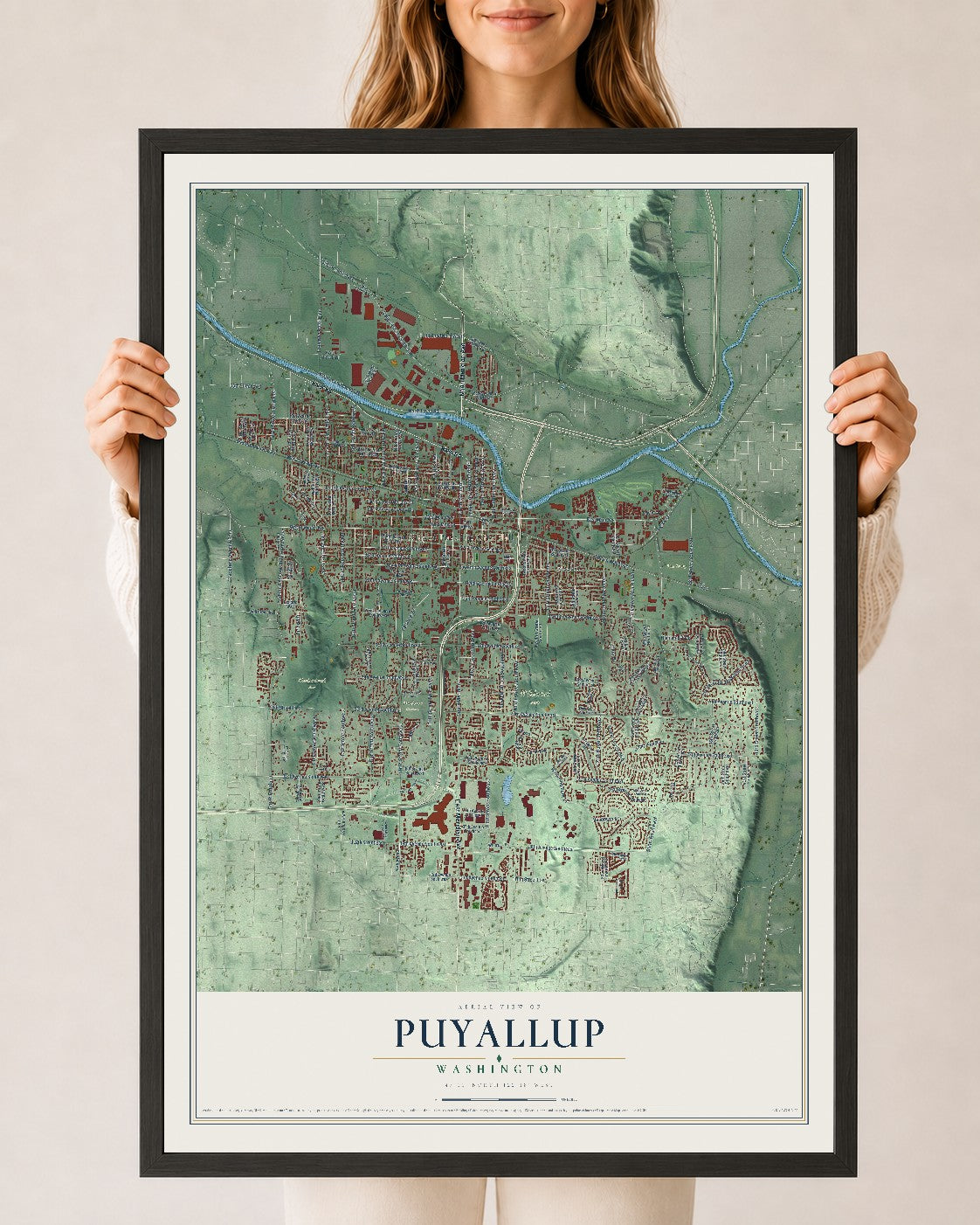 Map of Puyallup, Washington, 24 x 36 inch print in a black wood frame