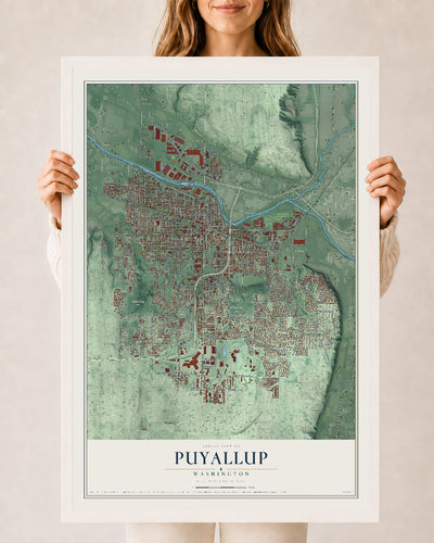Map of Puyallup, Washington, 24 x 36 inch print in a white wood frame